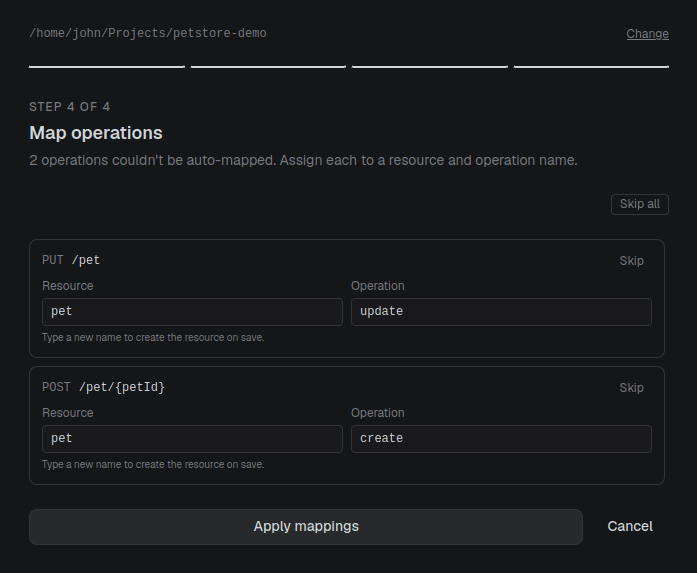 The Map operations step assigning the two unmapped Petstore operations to a resource and an operation name