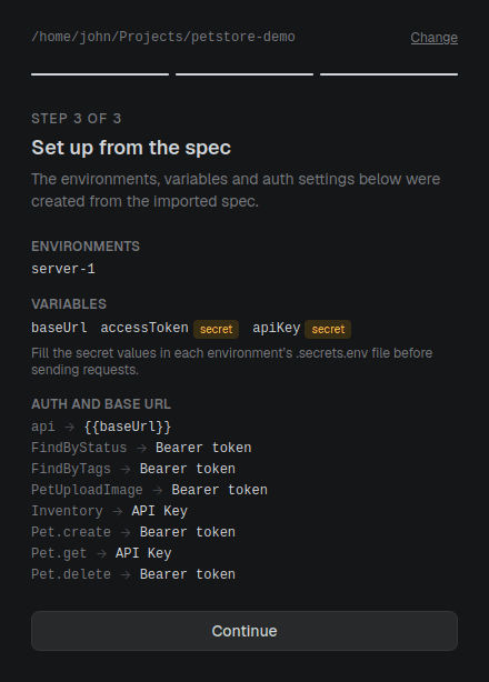 The Set up from the spec step listing the seeded environment, variables and auth placements