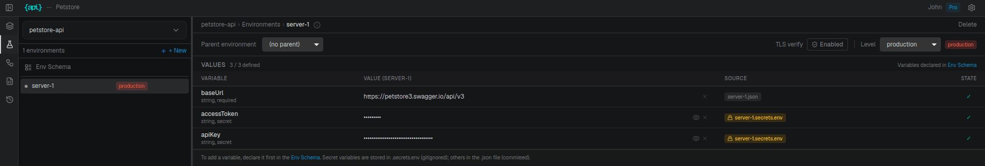 The server-1 environment with baseUrl committed and the two secrets routed to server-1.secrets.env